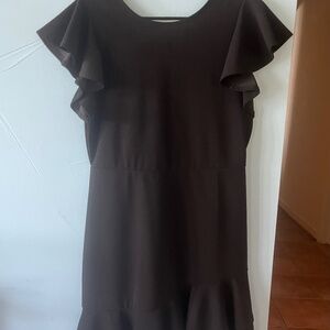 Women's L Black Asymmetrical Dress Double Layer Hem Flutter Sleeves V-Back Sz L